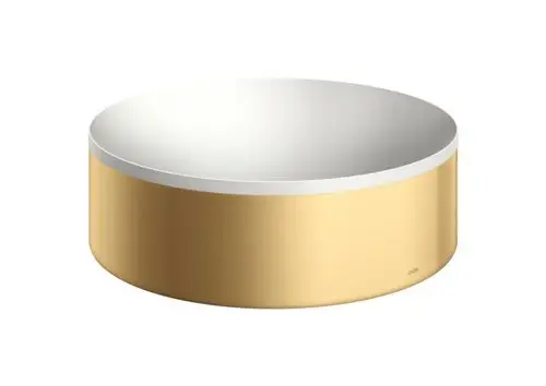 Rundes Waschbecken mit einer glänzenden weißen Innenfläche und einer gebürsteten goldenen Außenfläche, hergestellt von AXOR.
